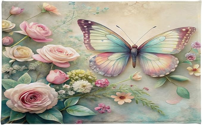 LB Spring Floral Bath Mat for Bathroom- Pink Rose Flower Aesthetic Butterfly Non Slip Doormat- Rustic Green Leaf Absorbent Memory Foam Living Room Bedroom Door Front Floor Area Rugs,31.5x19.6 Inch