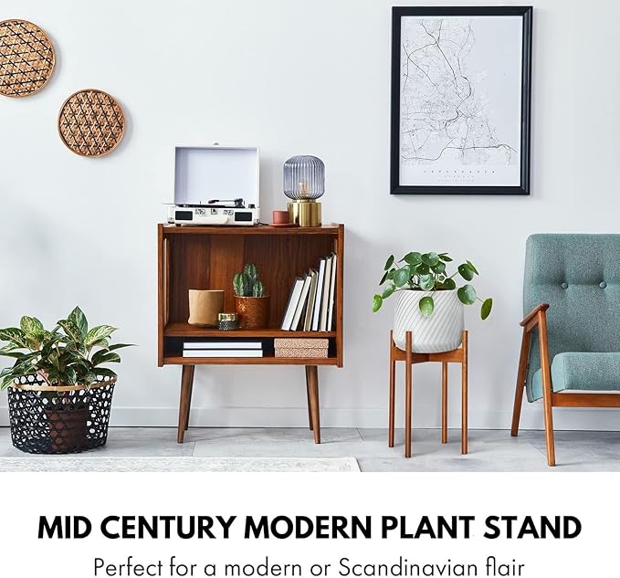 Fox & Fern Mid Century Tall Plant Stand — 10 Inch Fixed Size Raised Wooden Plant Stand for Indoor Planters (Not Included); Modern Flower Pot Holder with Plug In Design; Easy to Assemble - Acacia