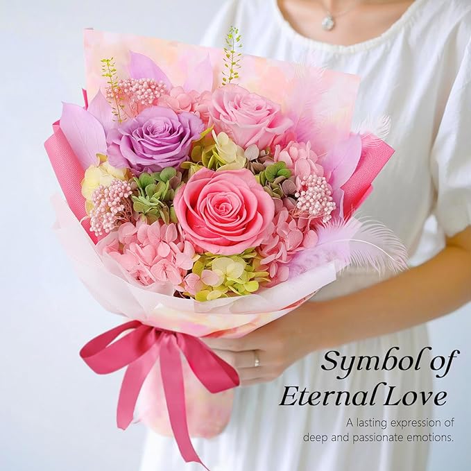 Preserved Flowers Bouquet 3 Roses - Pink Real Rose & Flowers for Delivery, Long-Lasting Flower with Gift Box, Eternal Roses Bouquet for Mothers, Mom, Wife Anniversary Birthday Gifts for Women and Her
