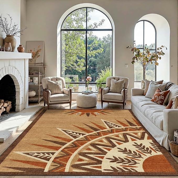 5x7 Bohemian Sun Totem Area Rug - Non-Slip Washable Low Pile, Warm Sand Brown with Deep Rust & Cream Pattern Carpet for Bedroom, Living Room, Dining Area, Home Office