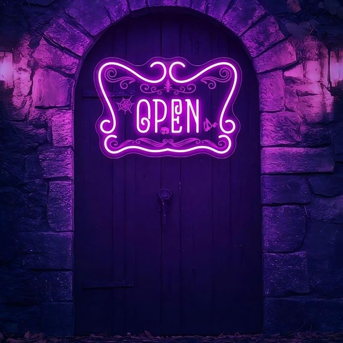 Gothic Open Neon Sign LED Wall Light for Witchy Shop Spooky Café Halloween Decor Crystal Store Tattoo Studio and Mystic Boutique Room Game Kids Room Man Cave Party Decor Party Supply Ba