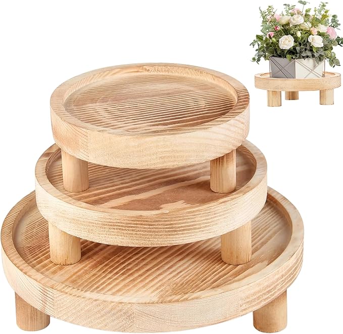 3 Pcs Wood Plant Stand Indoor Outdoor, Wooden Stool Display Stand 5/6/8" Round Riser Flower Pot Holder with Raised Edge Small Planter Tray Modern Potter Decorative for Garden Desktop Home Table Counter Room (Natural)