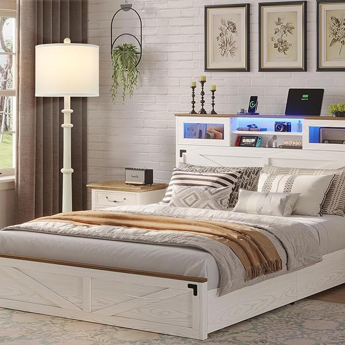 Floor Lamps for Living Room - 60" Resin Farmhouse Floor Lamp with Adjustable Color Temperatures - Vintage Standing Lamp Reading Light with Linen Shade Retro Tall Lamp for Bedroom Office, Almond White