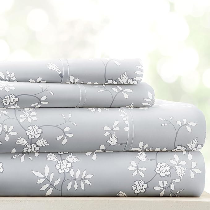 Linen Market Patterned Microfiber Queen Sheet Set 4 Piece – Oeko-TEX Certified Ultra Soft & Wrinkle-Free - 16" Deep Pocket Sheets - Easy Care Queen Size - Trellis Vine Light Gray