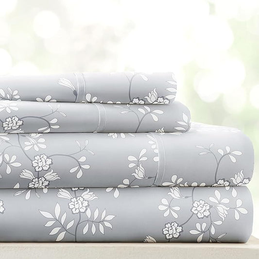 Linen Market Patterned Microfiber Queen Sheet Set 4 Piece – Oeko-TEX Certified Ultra Soft & Wrinkle-Free - 16" Deep Pocket Sheets - Easy Care Queen Size - Trellis Vine Light Gray