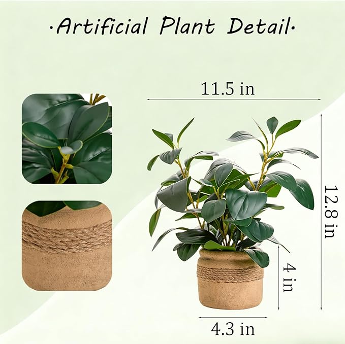 Artificial Plants Potted 12.8'' Fake Ficus Plant in Jute-Wrapped Yellow Planter Realistic Leaves Faux Plants Greenery Suitable for Home Office Kitchen Bathroom Bedroom Tabletop Decoration