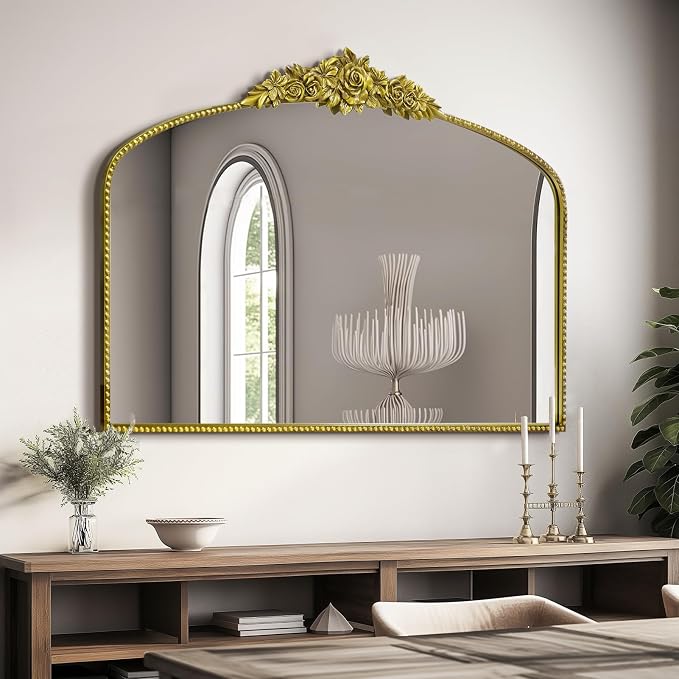 Antique Gold Arched Wall Mirror, 48"x30" Baroque Vintage Mirror with Ornate Metal Frame, Large Traditional Home Decor Bathroom/Wall/Vanity/Mantel/Bedroom/Entryway/Hallway