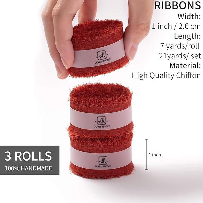 DORIS HOME Terracotta Chiffon Ribbon for Flower Bouquet, 1" x21Yd Fabric Ribbon for Gift Wrapping, Handmade Frayed Ribbon for Wedding Invitations/Christmas Decorations