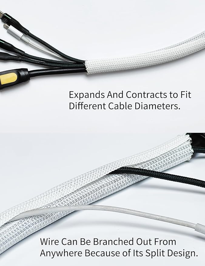 Cable Management Split Wire Loom Sleeve - Cord Hider & Protector for Desk, Pet Chew Proof, Wire Cover Organizer, Flexible Tube for Wires and Cables (1/2 Inch 12FT, White)