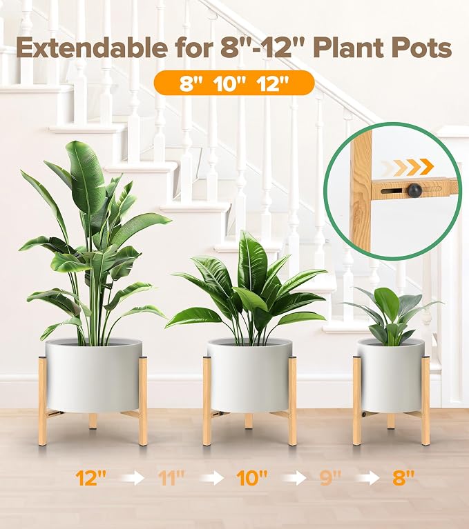Plant Stand Indoor Adjustable, Metal Modern Indoor Plant Stand, Heavy Duty Plant Stands Outdoor Corner, Stable Plant Holder, Fits 8 to 12 Inches Pots, Black, 1 Pack, Natural Wood-Grain
