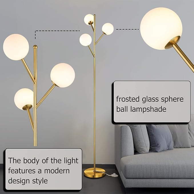 Ldeco Globe Mid Century Tree Floor Lamp with 3 Light Bulbs,70in Tall Standing Glod Floor Lamp with Frosted Glass Shade for Living Room,Office,Bedroom, Study Room, Hotel, Antique Brass Lighting