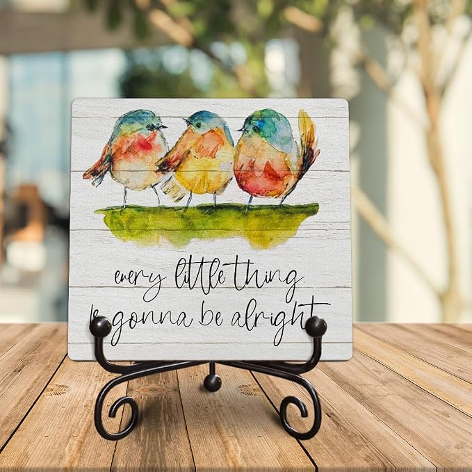 Uplifting Inspirational Gifts - Watercolor Birds Wooden Sign - Every Little Thing Is Gonna Be Alright - Rustic Farmhouse Decor for Shelf, Desk, Tabletop, 5x5 Inches -K17