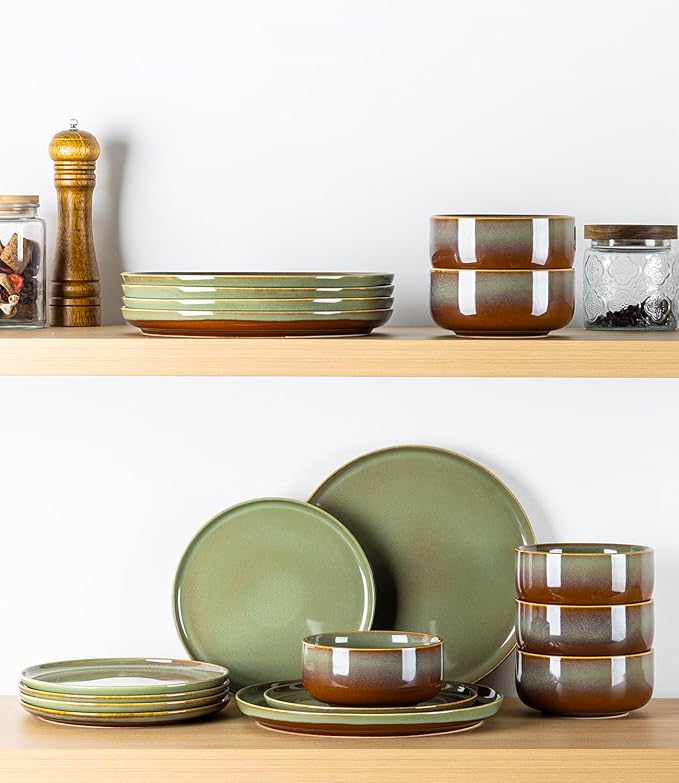 TheTerra Ceramic Dinnerware Sets for 6, 18 Pieces Handmade Reactive Glaze Plates and Bowls Set, Scratch Resistant Dish Set, Oven & Microwave & Dishwasher Safe, Sage Umber