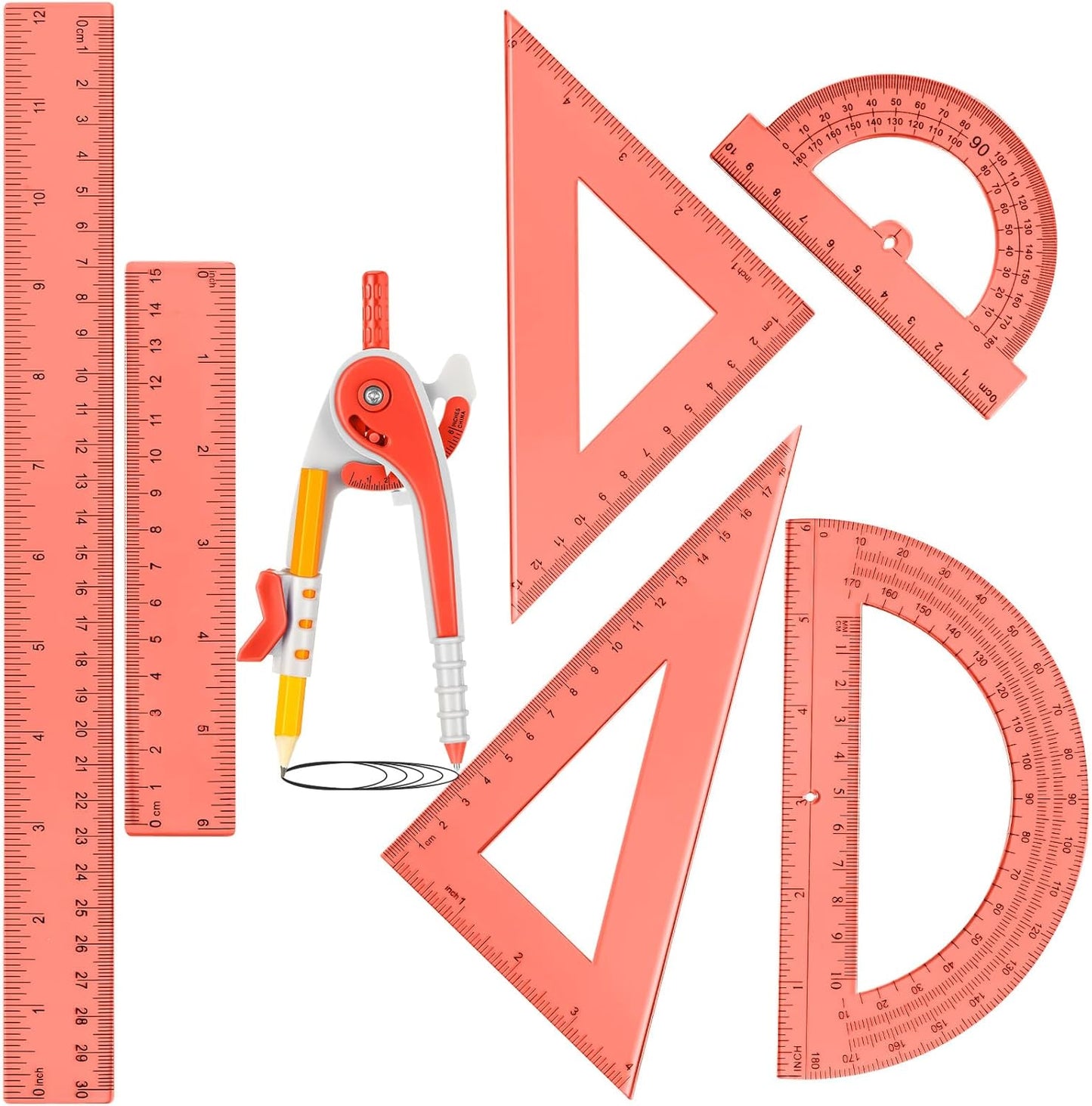 Zonon Geometry Math Set - 7-Piece Plastic Kit with Protractor, Compass & Rulers | Orange