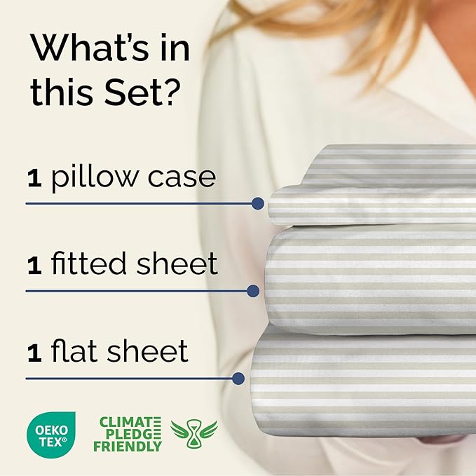 Striped Sheets - Grey Striped Sheets - 1 Flat & 1 Fitted & 1 Pillowcase w/ Deep Pockets – Wrinkle & Fade Resistant - Ultra-Soft, Breathable and Cooling – Luxury Pinstripe Bedding - Twin Size Bed Set