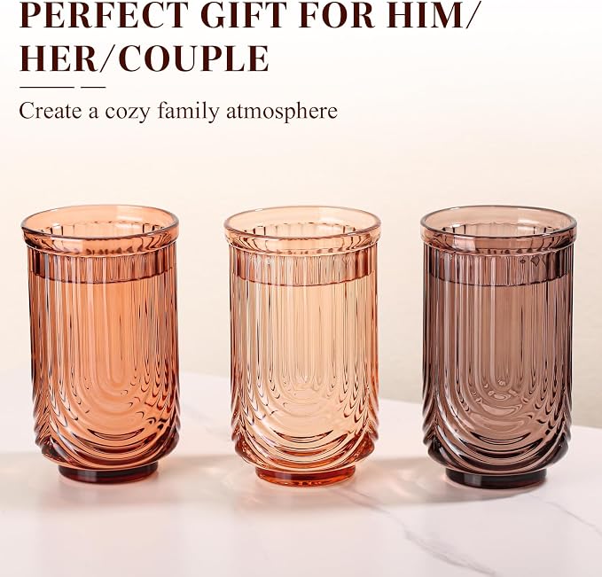 Venus Vintage Drinking Glasses Set of 6-17oz Hand-Blown Highball Ribbed Glassware, Arch Design Cocktail Glasses for Whiskey Water Beverages Ice Coffee Juice Milk
