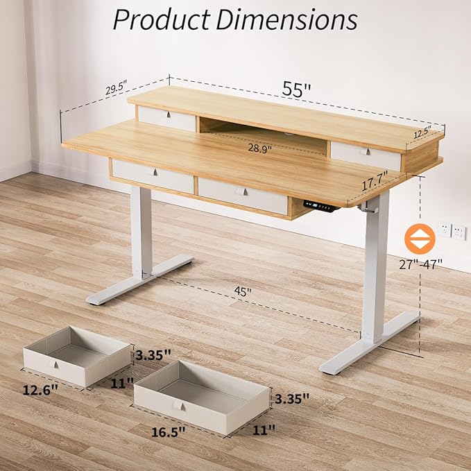 Kingant Standing Desk with Fast Charging USB Ports, 55" x 30" Height Adjustable Home Office & Gaming Desk, Sit Stand Desk with Built-in Storage Shelf, Hook & Ergonomic Design(Maple)