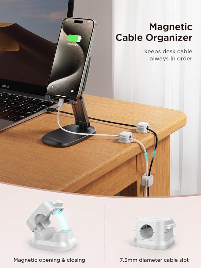 6 Pack Magnetic Cord Holder, Cord Organizer Cable Clip for Desk Management, JOYROOM Smooth Adjustable Cable Clip, Wire Holder Keeper Organizer for Home Office Desk Phone Car Wall Desktop Nightstand