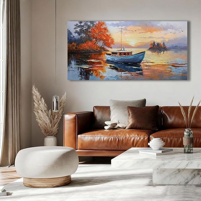 Brushart Ship Wall Art for Living Room, Large Canvas Wall Art Landscape Picture, Painting Wall Decor Textured Artwork for Walls Bedroom Home Office 58"x29"