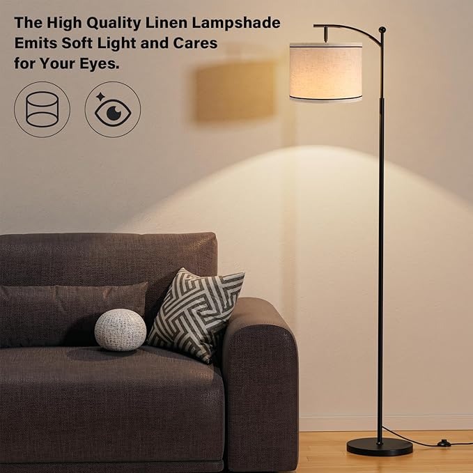 Ambimall 60" Floor Lamp for Living Room with 3 Color Temperatures, Beige Lampshade with Black Stripes, Tall Lamp for Bedroom Office, 9W Bulb Included