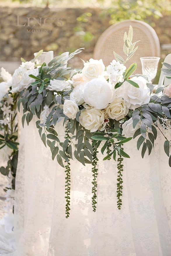 Ling's moment 9FT Spring Flower Garland for Backdrop Decorations - Wedding Arch Flowers, Eucalyptus & Rose, Artificial Floral Garland for Mantel - Sweetheart Table Decor for Reception, White & Sage