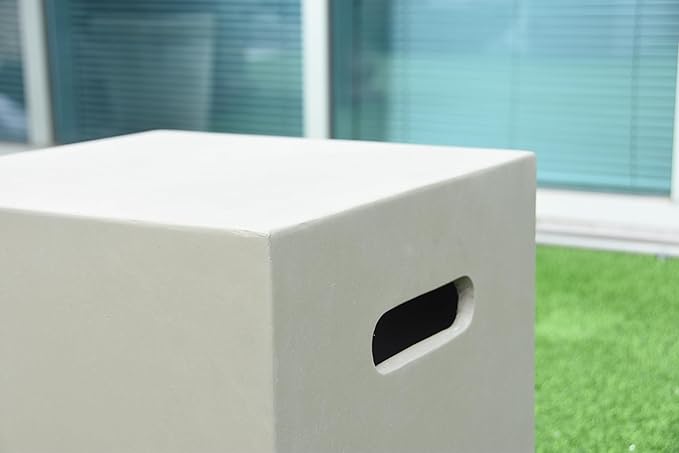 AMS Fireplace | Elementi Square-2 Smooth Light Gray 20 lbs Propane Tank Cover | Concrete GFRC Base | Dimensions: 15.7 x 15.7 x 20 inches | Perfectly Matches with Westport Fire Pit Table.