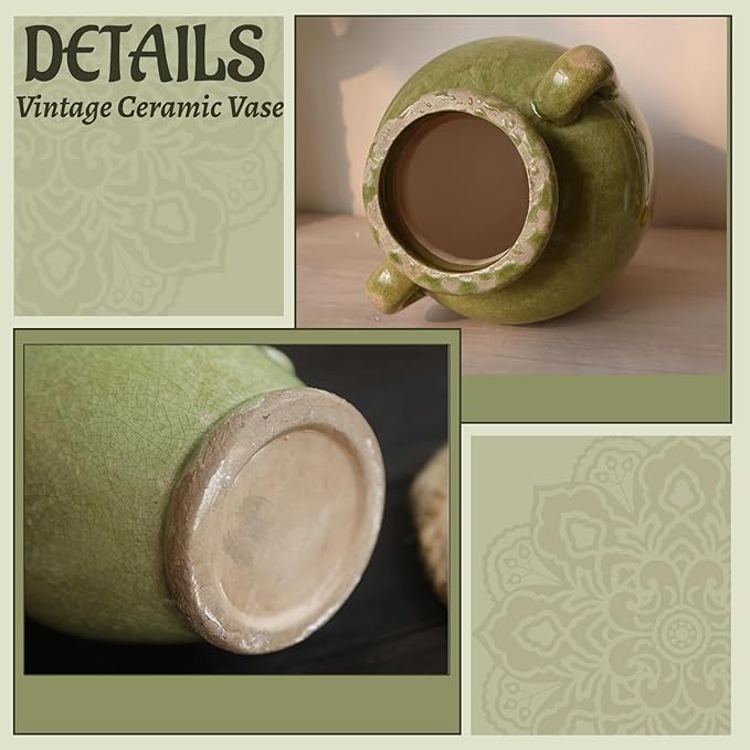 8 Inch Vintage Ceramic Vase, Rustic Chinoiserie Flower Vase Farmhouse Decorative Vases for Home Decor, Ice Cracked Glazed Terracotta Vases for Table Centerpiece Living Room Shelf Decor