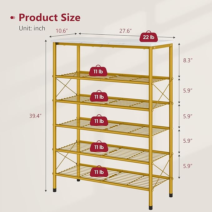 Tajsoon 6 Tier Shoe Rack Organizer for 20-24 Pairs of Shoes, Metal Mesh Shoe Shelf for Closet, Industrial Shoe Rack for Entryway Shoe Storage with X Shape Fixed Frame, White & Gold