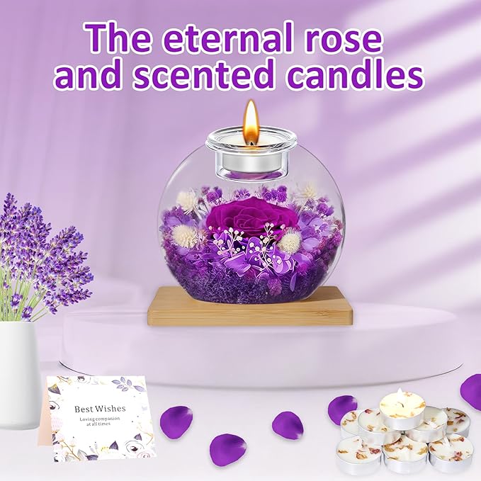 DEEMEI Gifts for Women Christmas Birthday Gifts for Women Preserved Real Rose in Glass Dome with Scented Fresh Flowers for Delivery Prime Eternal for Her Mom Grandma Wife Girlfriend Sister, Purple