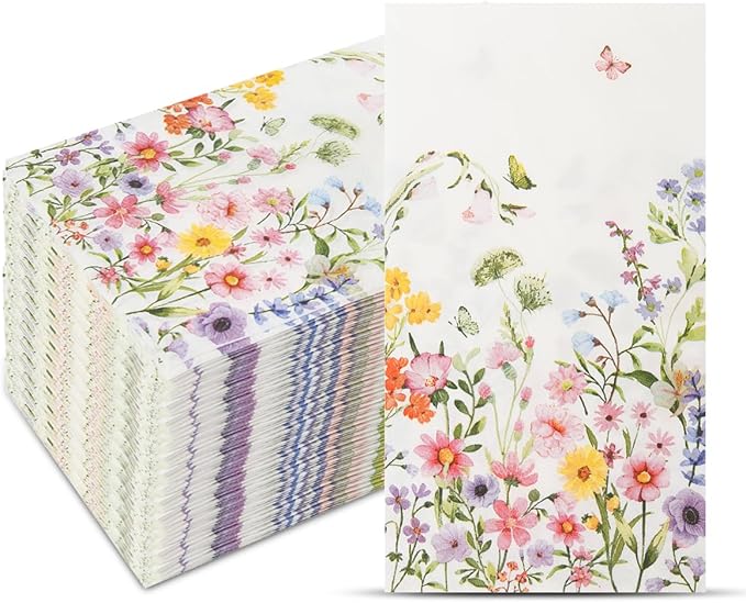 100Pcs Disposable Floral Paper Napkins Decorative Bathroom Napkins Guest Disposable Wild Flower Hand Towels Dinner Party Napkins for Wedding Birthday Party Baby Shower