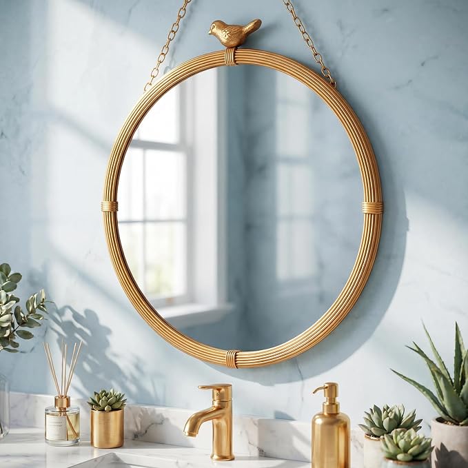 Vercraft Vintage Gold Decorative Wall Mirror with Bird Accent, 20" Large Round Hanging Mirror with Chain, Antique Style Metal Frame Accent Mirrors for Entryway Bedroom Bathroom