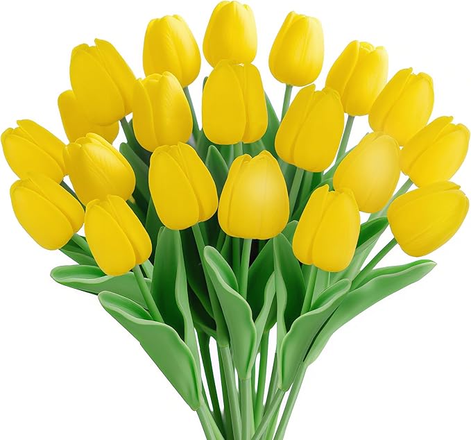 20Pcs Fake Tulips Artificial Flowers Faux Tulips Real Touch PU 13" Yellow Tulip Bouquet for Home Kitchen Decor Home Party Office Decorations