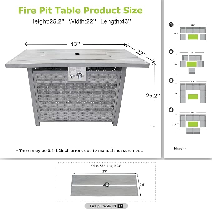 43" Rectangular Propane Fire Pit for Outside Patio 2 in 1, 50,000 BTU Fireplaces with Lid, Glass Rocks, Cover