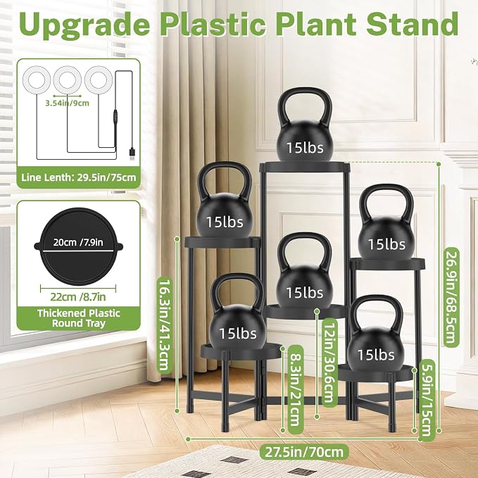 iDavosic.ly 6 Tier Folding Plant Stand Indoor Outdoor with Grow Light, Tiered Corner Flower Holder Shelf with Plastic Tray, Metal Orchid Display Rack for Patio Porch Living Room Garden Balcony, Black
