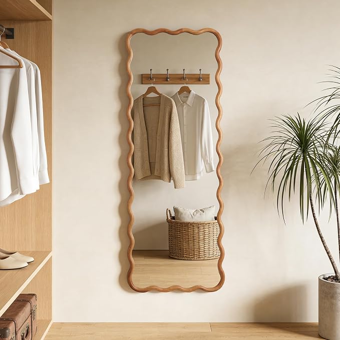 WallBeyond 24"x65" Full Length Mirror with Wood Frame, Natural Wood Wavy Mirror, Decorative Floor or Wall Mounted Mirror for Bedroom, Living Room, Entryway and Dressing Room