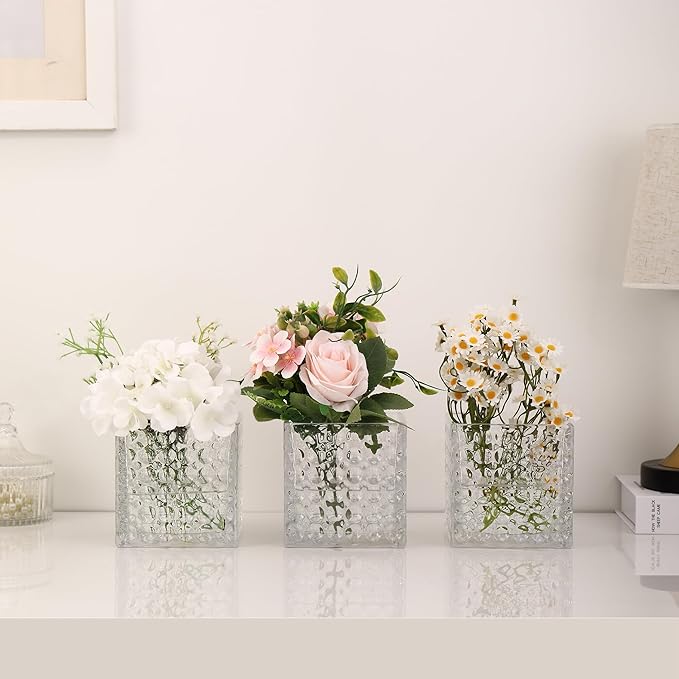 MARTAGE Square Vases Set of 6, 4" x 4" x 4" Square Glass Vases for Flowers, Clear Flower Vase for Centerpieces, Small Bubble Vase for Wedding, Party, Home, Office, Parties, Events