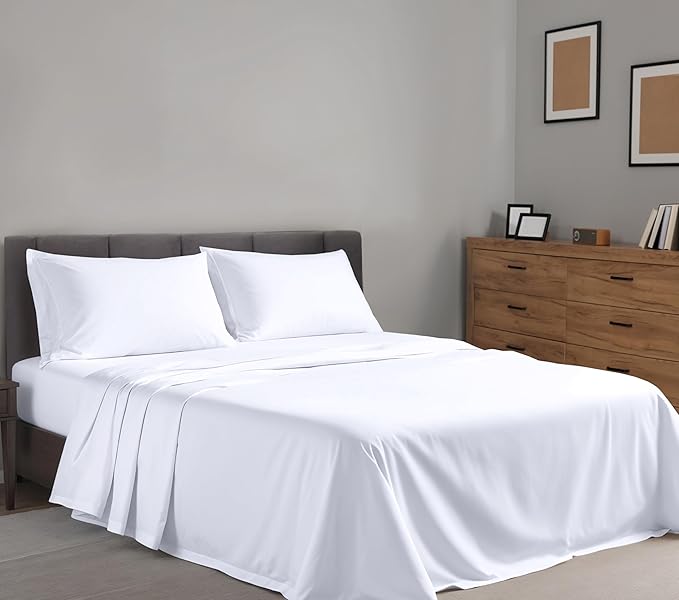 RUVANTI 100% Cotton King Size Sheets Set, 4 Pieces, Soft & Breathable Percale Weave Bedding, Deep Pocket 16", Hotel Standard, Crisp Cool Feel, Durable, Perfect Dyed Bed Sheet, Bright White