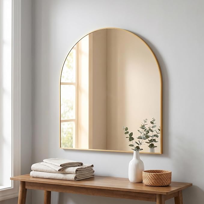 BEAUTYPEAK 26"x28" Arch Bathroom Mirror, Wall Mounted Vanity Metal Frame Mirror for Bedroom, Entryway, Living Room, Gold