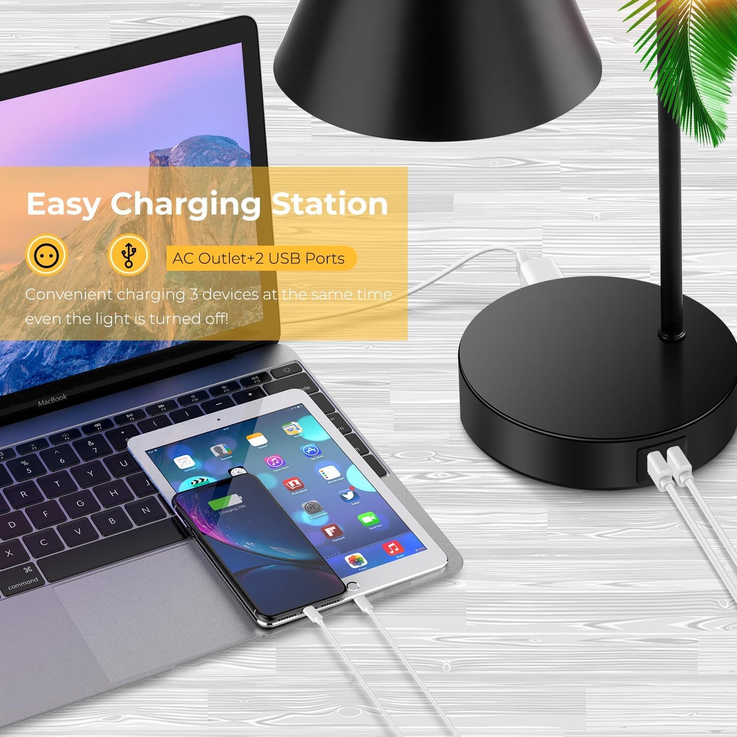 Skiennix Industrial Dimmable Desk Lamp - Touch Control with 2 USB Ports & AC Outlet | Black Metal Finish
