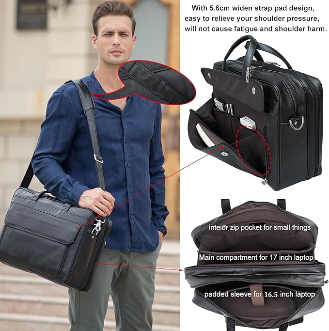 Masa Kawa Leather Briefcase for Men 15.6", 17" Laptop Computer Case Business Travel Work Messenger Cross Body Shoulder Bag