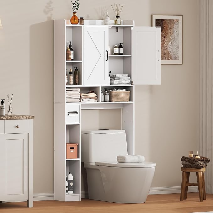 Over the Toilet Storage Cabinet, 31”W Bathroom Organizer with Double Doors, Above Toilet Rack, Detachable Toilet Paper Holder for Bathroom & Laundry Room White
