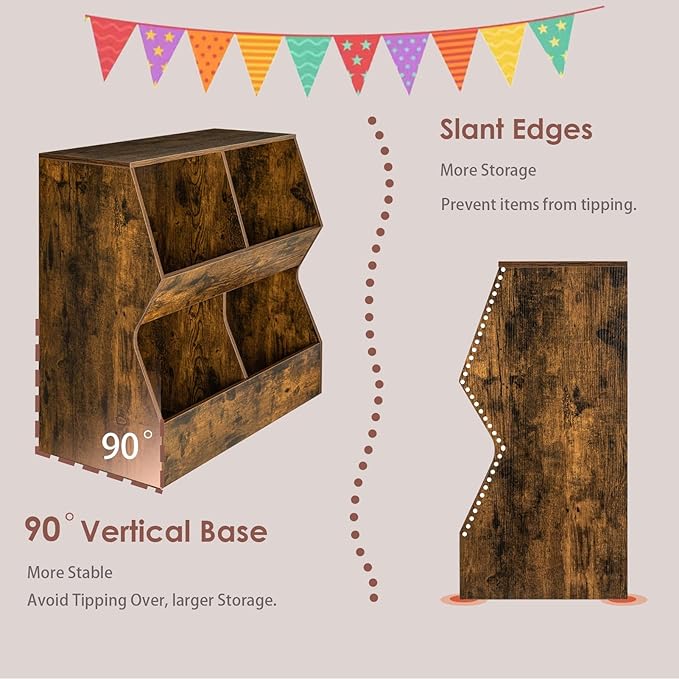DINZI LVJ Kids Bookshelf, Toy Storage Organizer, Wooden Toy Cabinet, 4 Cubby Children Bookcase, 31.5" L Toddler Book Shelf for Bedroom, Nursery, Hallway, School, Rustic Brown