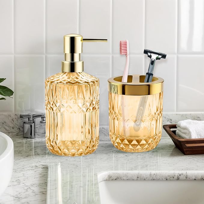 2Pcs Golden Bathroom Accessories Set, Glass Bathroom Accessories, Vintage Bathroom Countertop Decoration Includes Soap Dispenser, Toothbrush Holder
