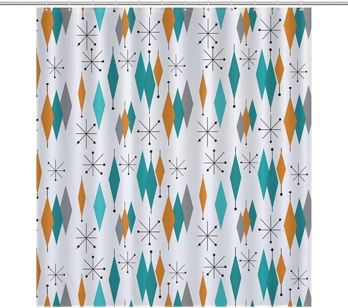 Mid Century Modern Shower Curtain,Abstract Atomic Starburst Geometric Diamond Pattern Shower Curtains Set for Bathroom Fabric Decorative Bath Curtain Washable Curtain Hooks, 72x72”