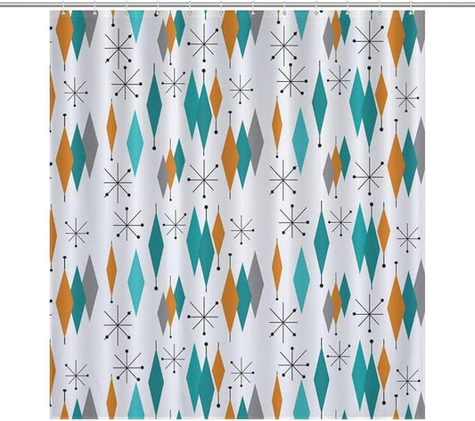Mid Century Modern Shower Curtain,Abstract Atomic Starburst Geometric Diamond Pattern Shower Curtains Set for Bathroom Fabric Decorative Bath Curtain Washable Curtain Hooks, 72x72”