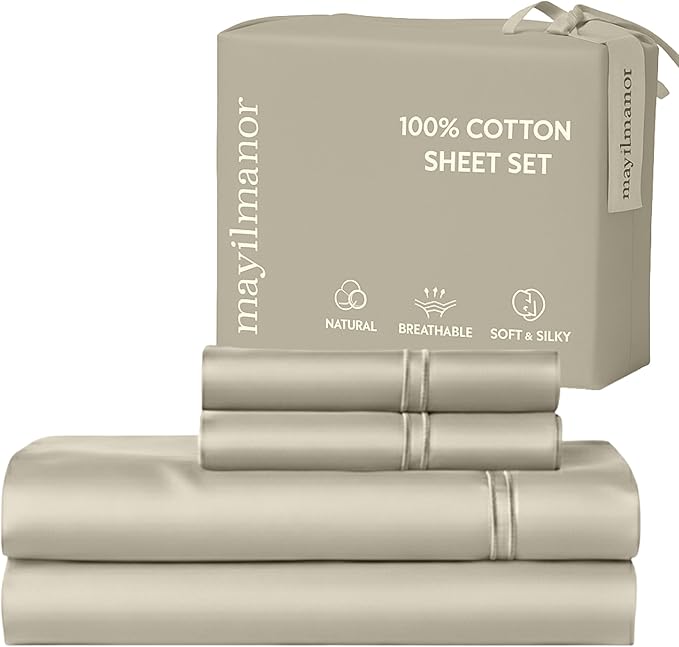 100% Natural Cotton Bed Sheets | 500 TC Single-Ply Sateen Weave King Size Sheets Set | Soft & Hypoallergenic Solid 4-Piece Bedding with Deep Pocket Fitted, Flat, Pillowcase | Cream Beige