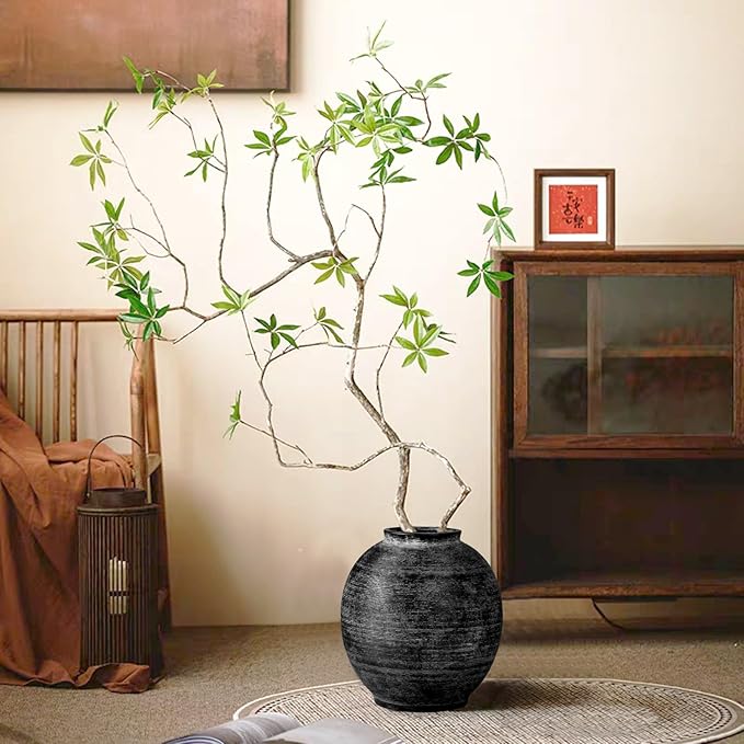 Large Black Ceramic Vase, 10.8 inch Round Minimalist Textured Floor Vase, Rustic Farmhouse Decor for Home, Living Room, Shelf, Table, Bathroom & Entryway Decoration (Black Bronze)