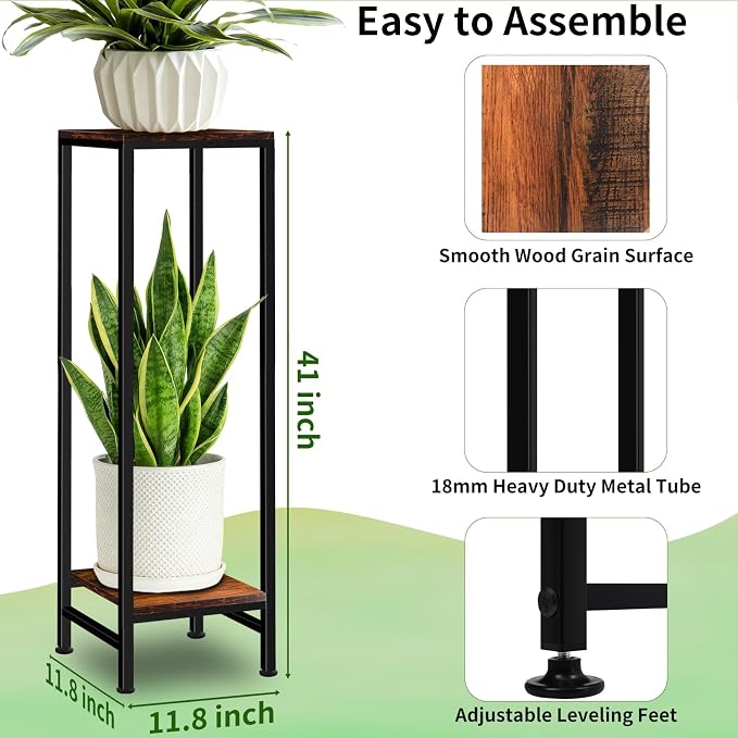 LUBORN 41" Tall Plant Stand Indoor, 2 Tier Plant stands for Indoor Outdoor Plants, Heavy Duty Flower Stand Metal Pedestal Stand Modern Display Rack for Living Room, Brown
