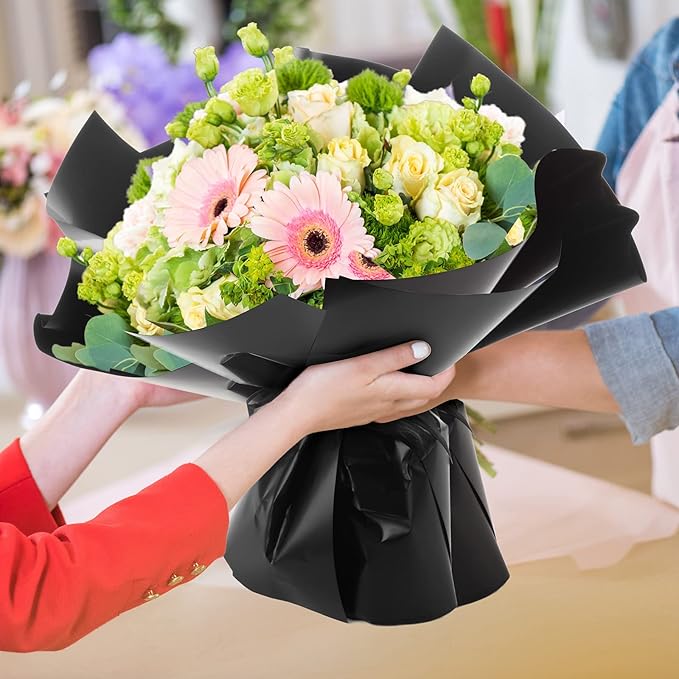 Sabary 120 Sheets Flower Wrapping Paper Bouquet Pure Color Waterproof Floral Packaging Paper with 196 Inch Ribbon Florist Bouquet Supplies for Wedding Birthday DIY, 22.8 x 22.8 Inch(Black)