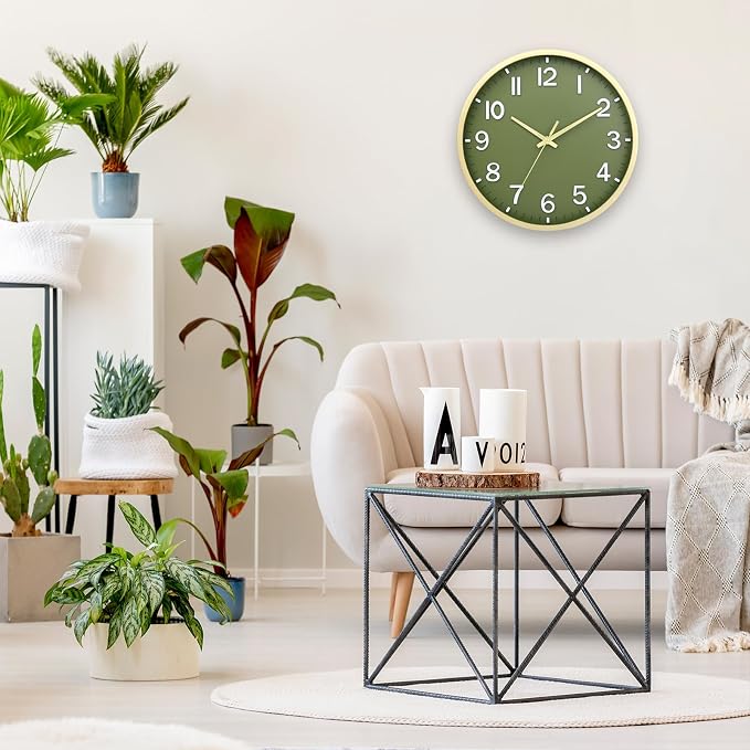 Wall Clocks Battery Operated 10 inch Modern Wall Clock,Silent Non Ticking Wall Clock for Living Room Bedroom Kitchen Office Classroom Decor (Green Gold)